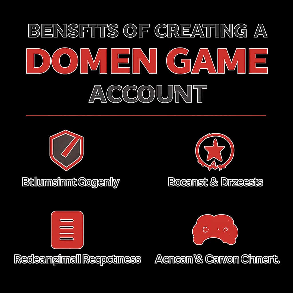 An illustration that educates on the various benefits of creating a Domen Game account.